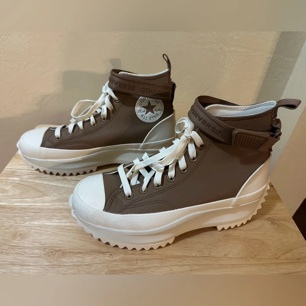 Converse Platform High-Top Sneakers in Brown and White - Picture 1 of 7